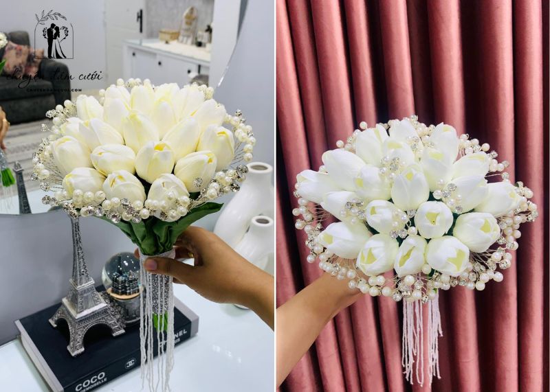 Mẫu hoa tulip đính ngọc trai cầm tay